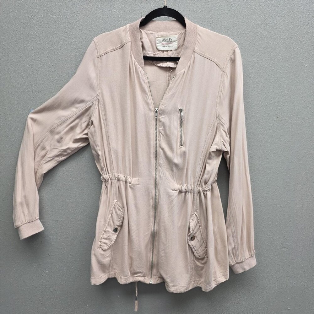Ashley Utility Jacket Womens XL Beige Zip Front Drawstring Waist Casual